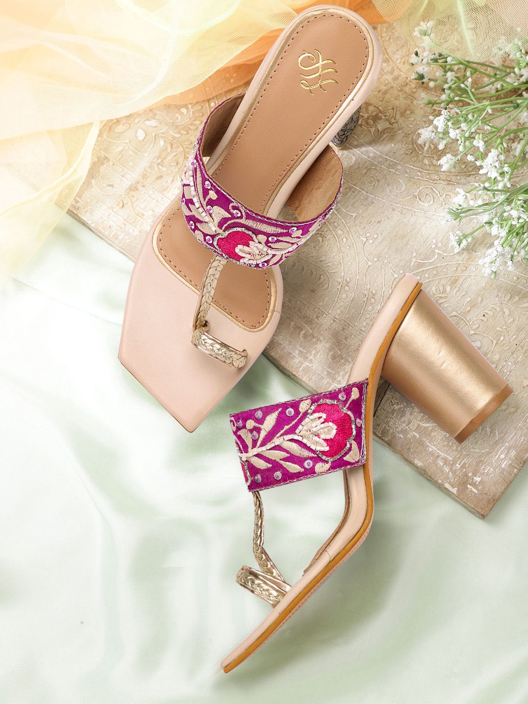 House of Pataudi Pink & Gold-Toned Embellished Block Sandals Price in India