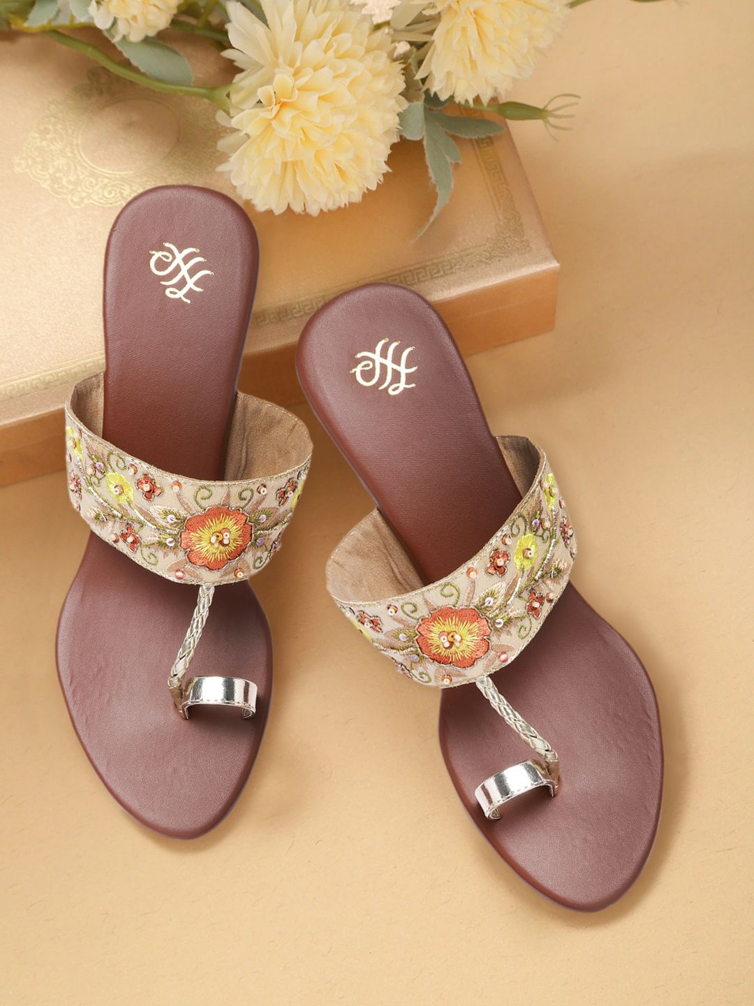 House of Pataudi Beige & Orange Ethnic Embroidered Wedges Price in India