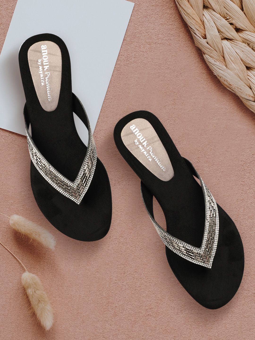 Anouk Black & Silver-Toned Embellished Party Wedge Sandals Price in India