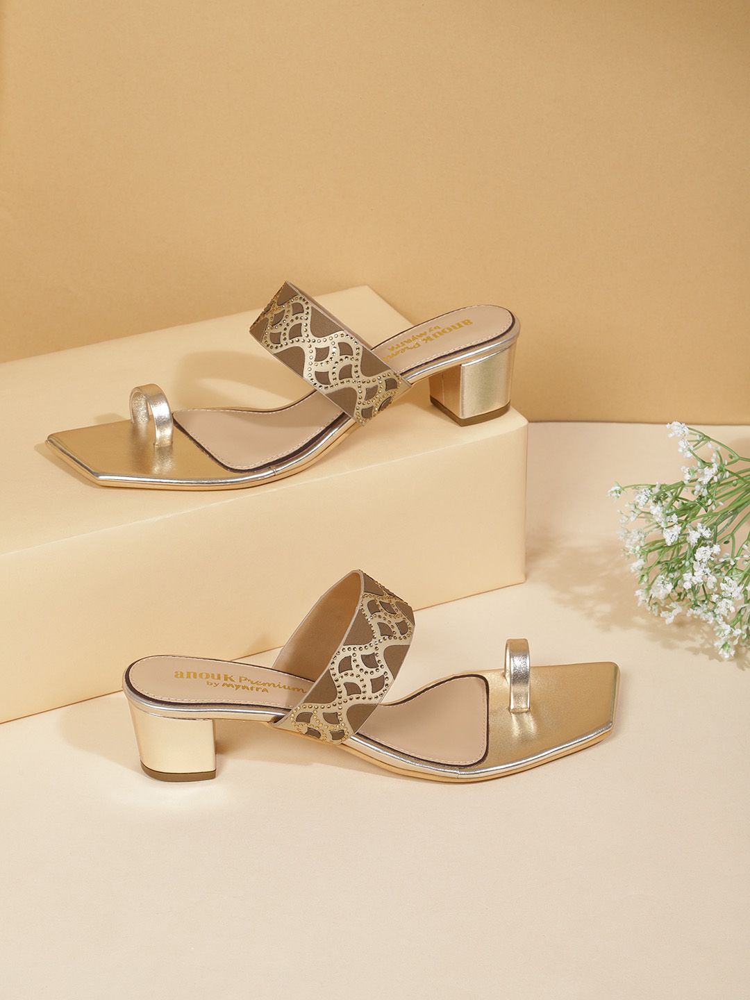 Anouk Gold-Toned & Brown Embellished Block Heels Price in India