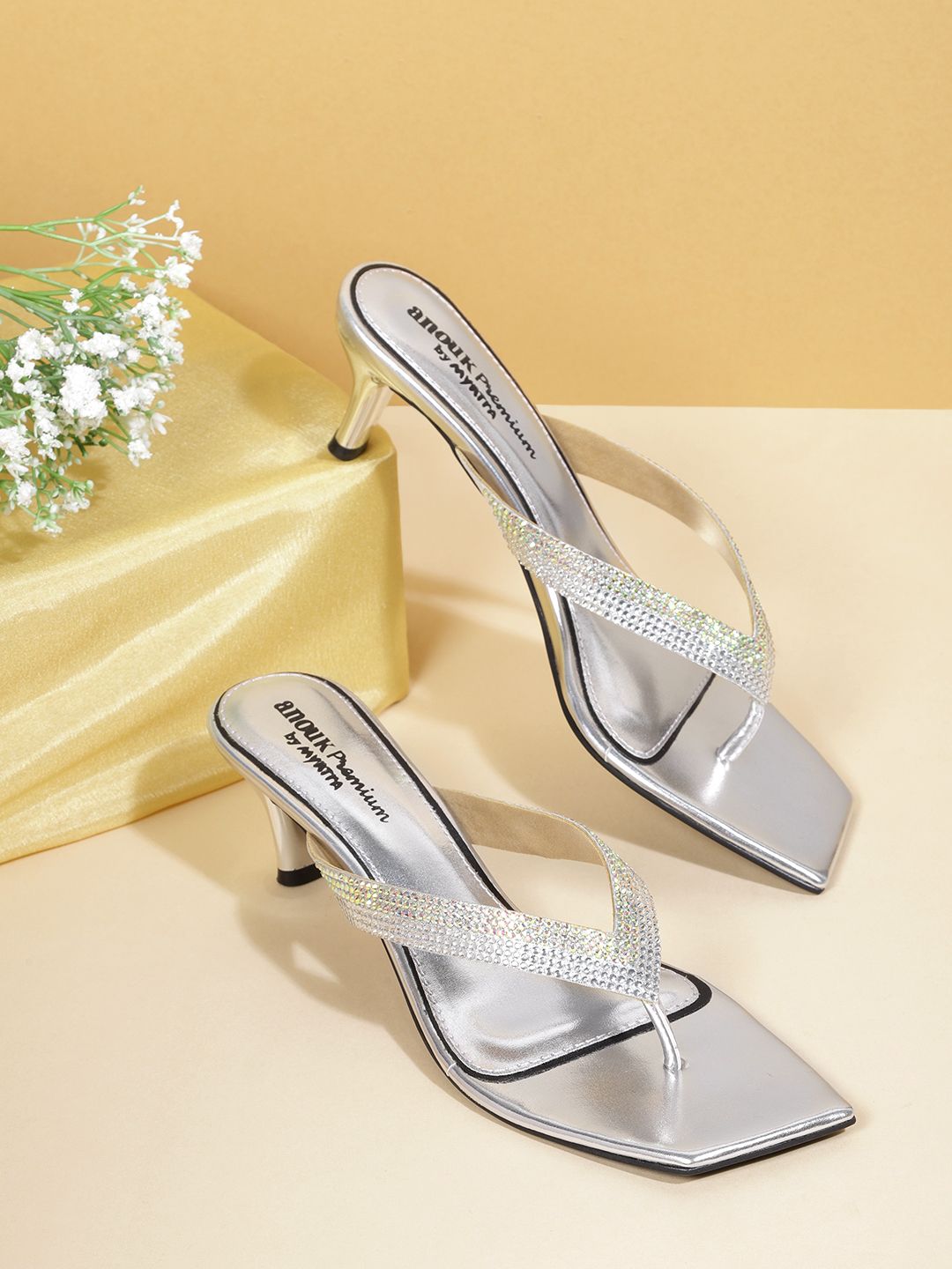 Anouk Silver-Toned Embellished Kitten Heels Price in India