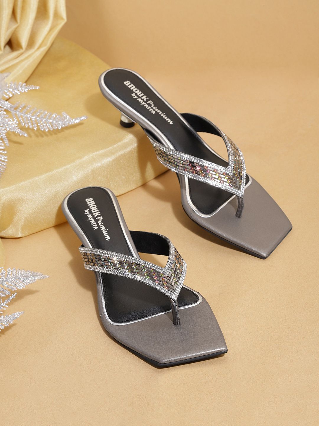 Anouk Silver-Toned Embellished Kitten Heels Price in India