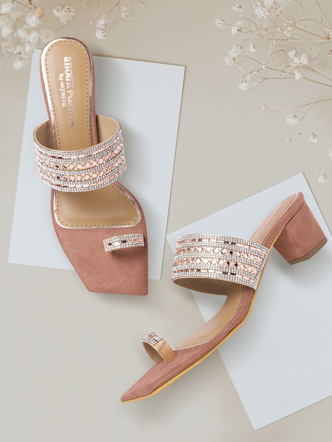 Anouk Rose Gold-Toned Ethnic Embellished One Toe Block Heels Price in India