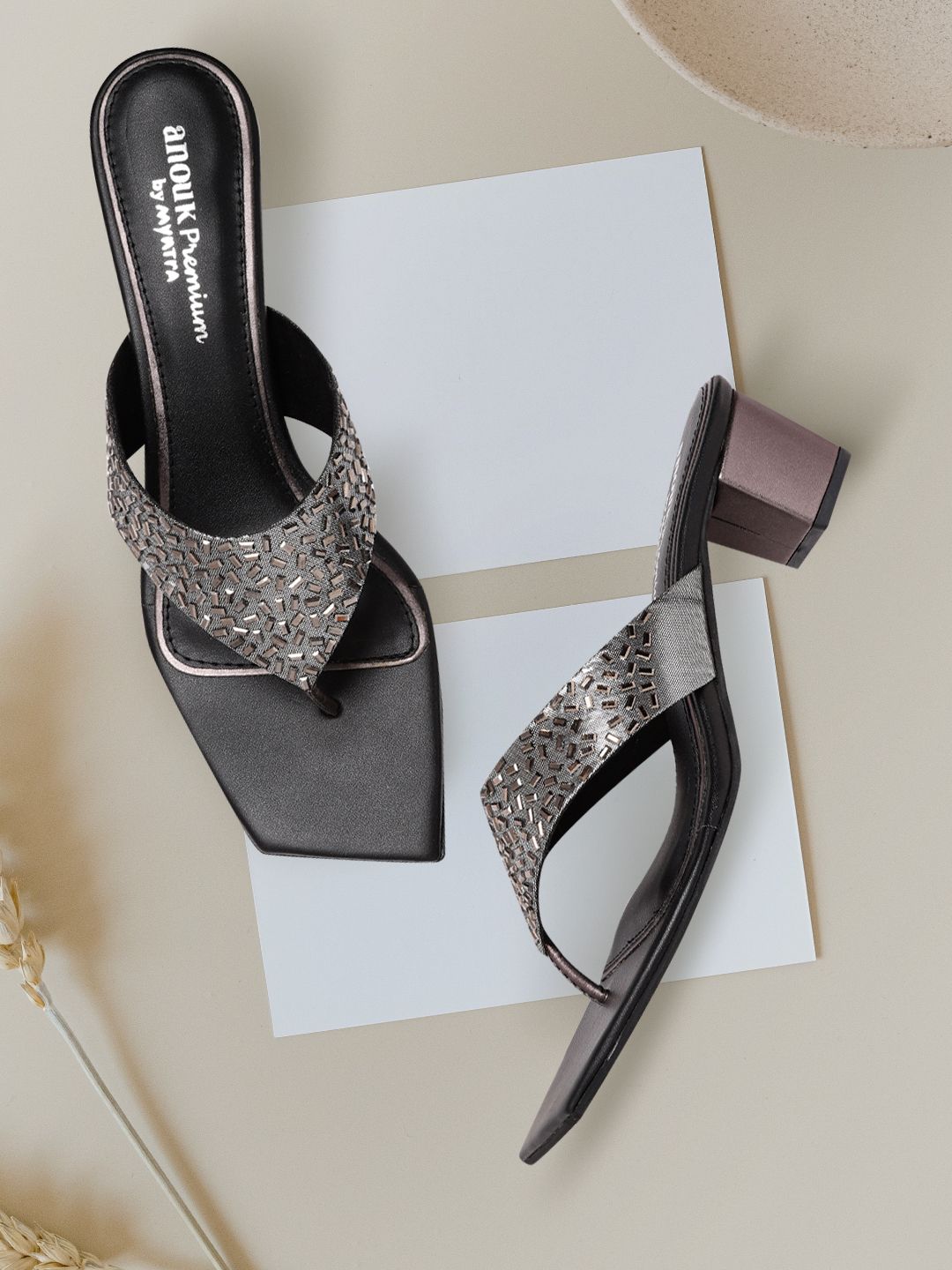 Anouk Gunmetal-Toned Embellished Block Heels Price in India