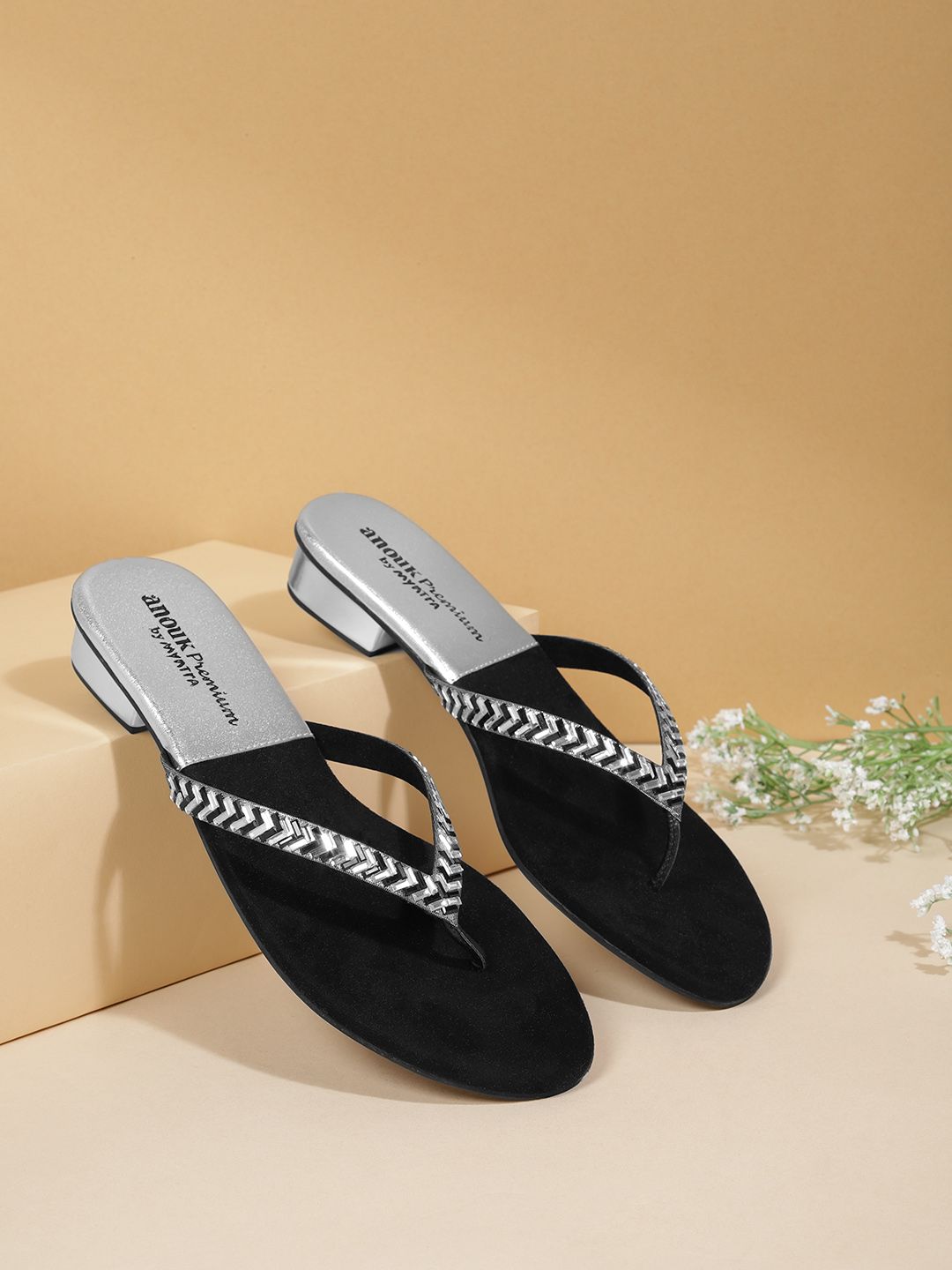 Anouk Women Silver-Toned & Black Embellished Open Toe Flats Price in India