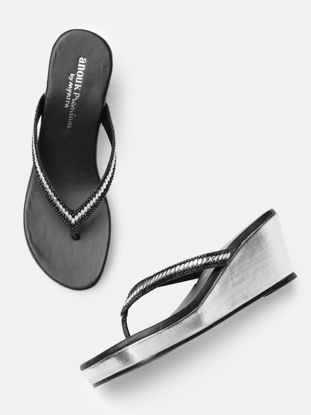 Anouk Black & Silver-Toned Embellished Party Wedge Sandals Price in India