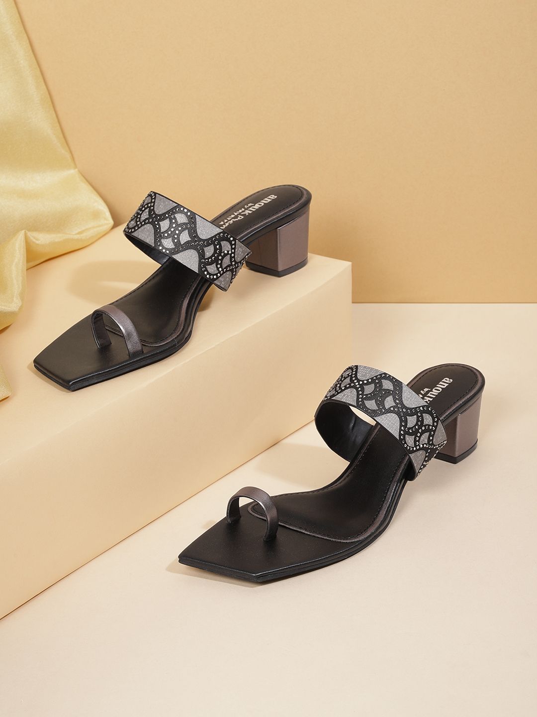 Anouk Women Grey & Black Ethnic Embellished One Toe Block Heels Price in India