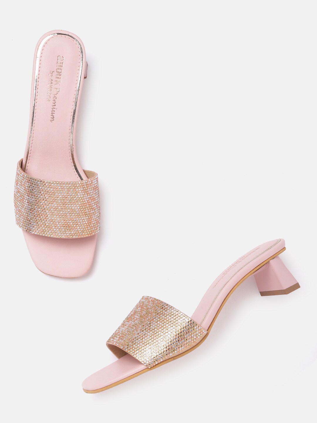 Anouk Rose Gold-Toned & Silver-Toned Embellished Block Heels Price in India
