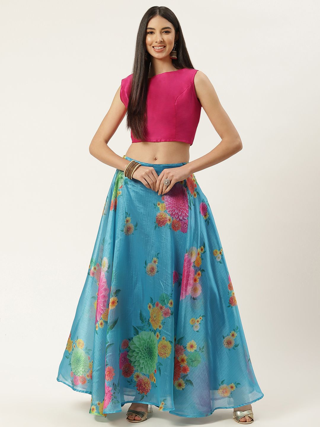 Studio Shringaar Turquoise Blue & Pink Floral Print Ready to Wear Lehenga Choli Price in India