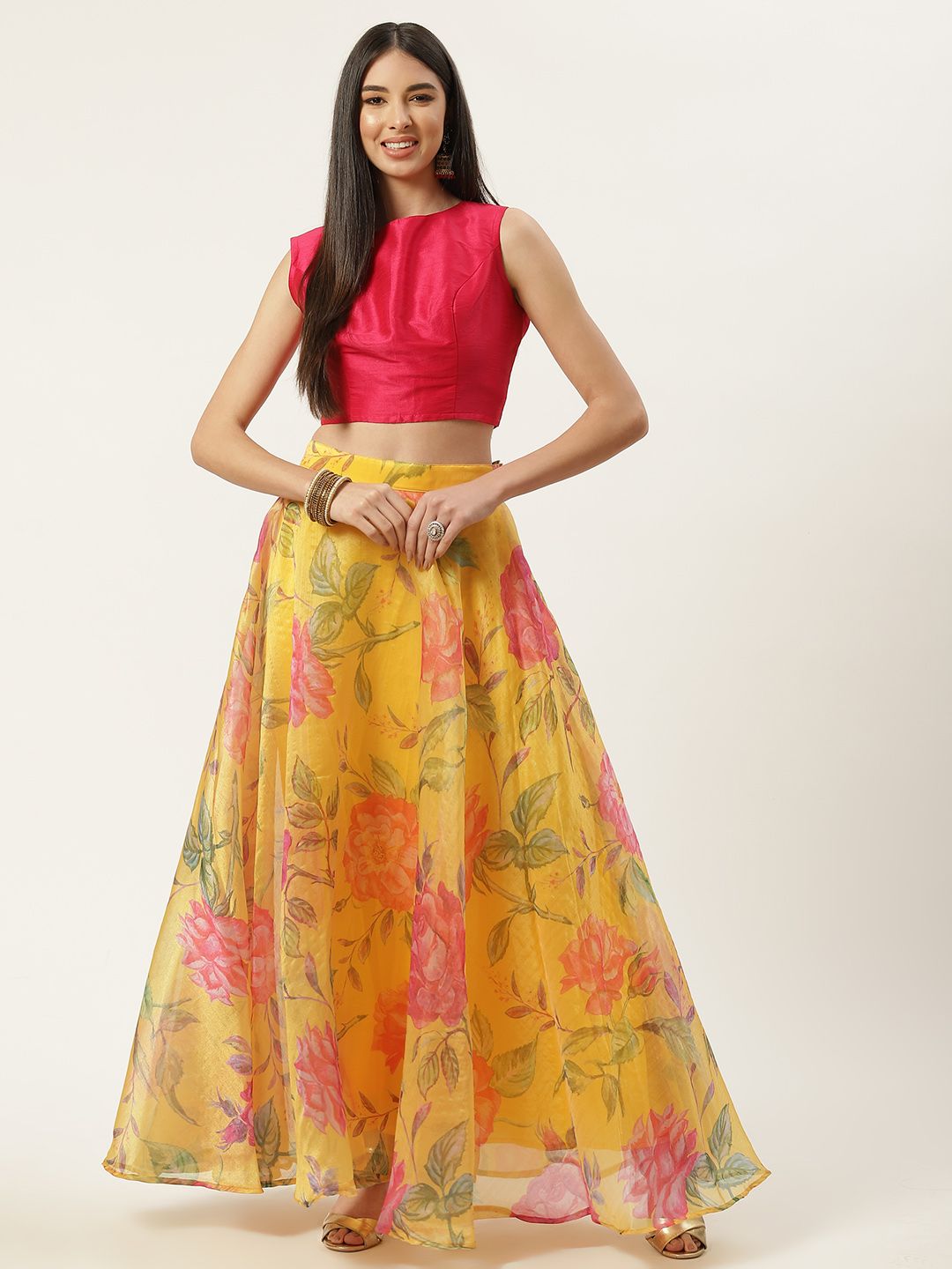 Studio Shringaar Mustard Yellow & Pink Floral Print Ready to Wear Lehenga Choli Price in India