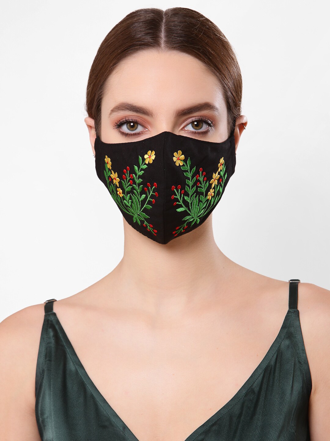 Anekaant Women Black & Green Floral Foliage Embroidered Reusable 3-Ply Cotton Cloth Mask Price in India