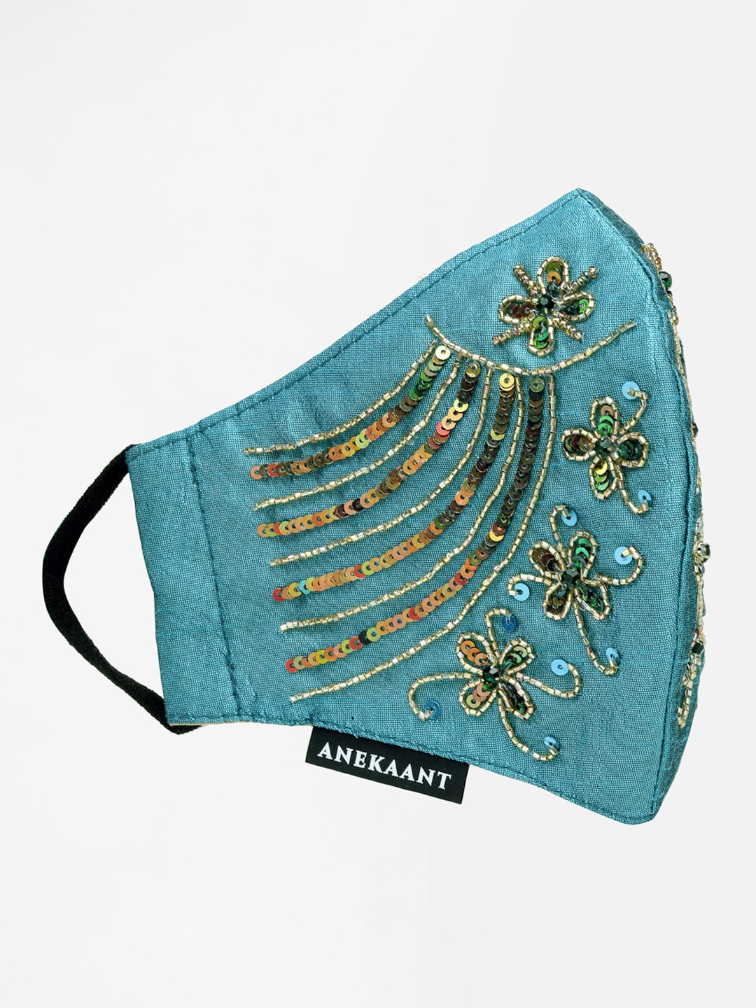 Anekaant Women Turquoise Blue & Gold Embellished 3-Ply Reusable Cloth Mask Price in India