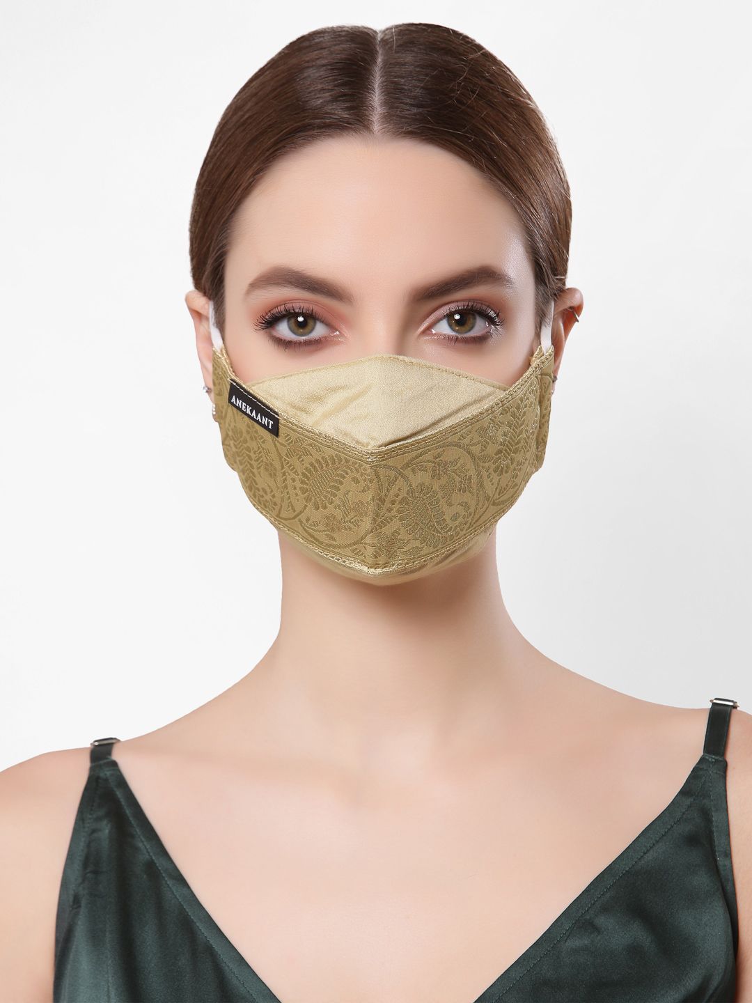 Anekaant Women Gold-Coloured Faux Silk Foliage 3-Ply Reusable Outdoor Cloth Mask Price in India