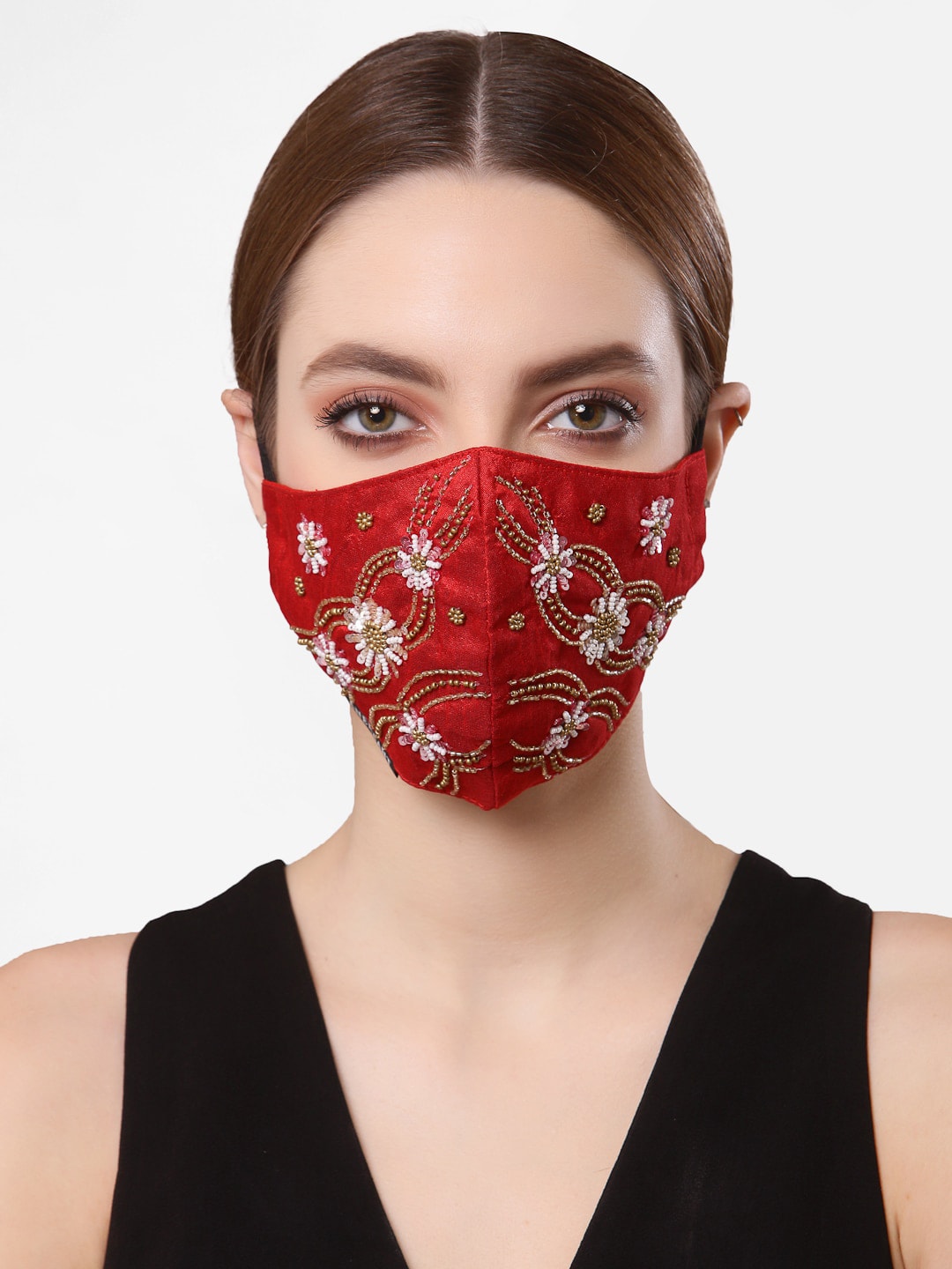 Anekaant Women Maroon & Gold-Coloured Embellished 3-Ply Reusable Outdoor Cloth Mask