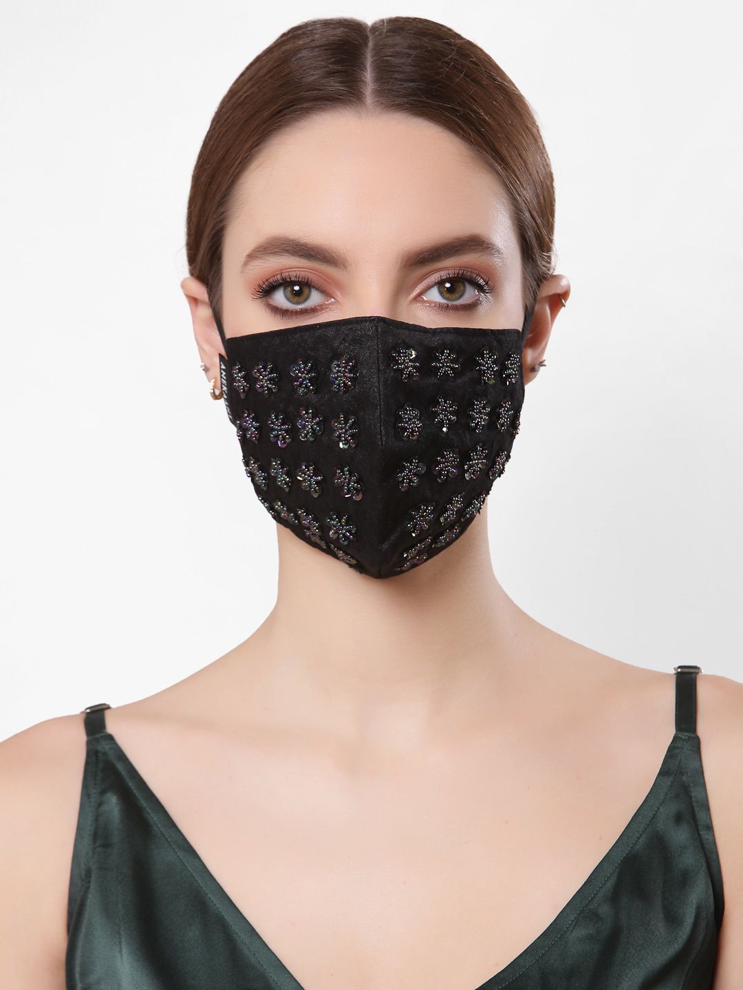 Anekaant Women Black Embellished 3-Ply Reusable Cloth Mask Price in India
