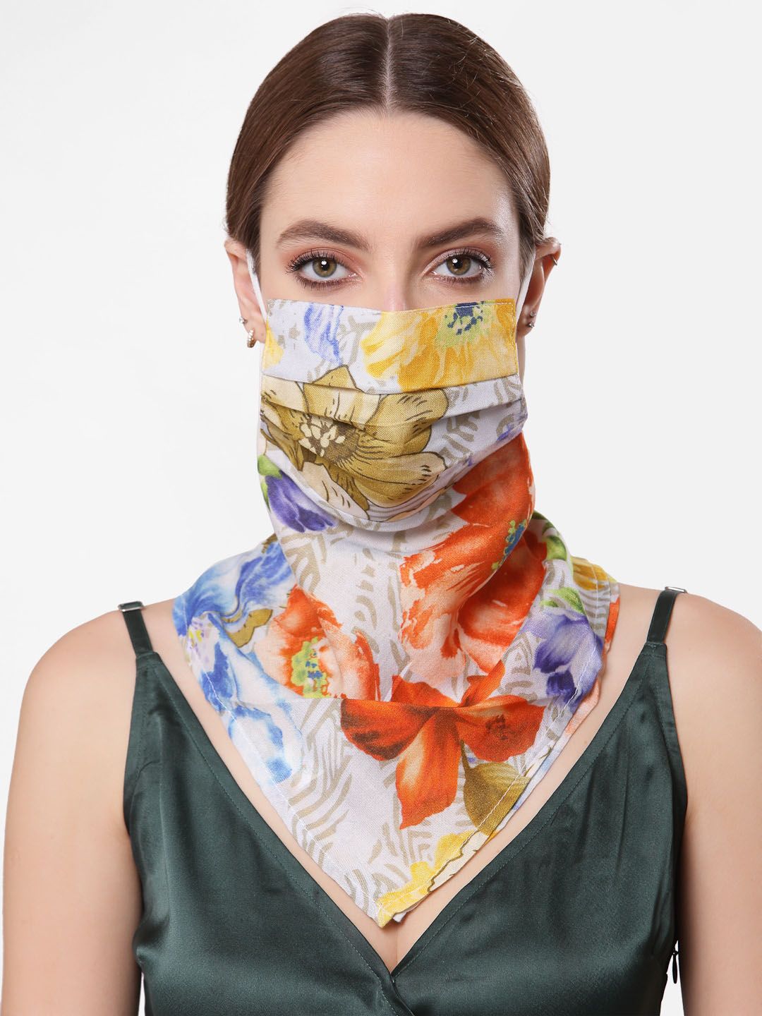 Anekaant Women Orange & Blue Floral Printed 3-Ply Reusable Scarf Cloth Mask Price in India