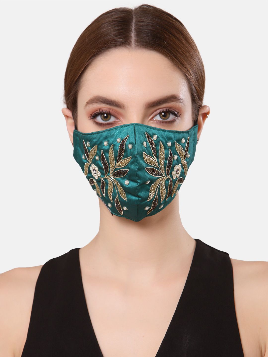 Anekaant Women Teal Green & Gold Faux Silk Embellished Fabric Reusable 3-Ply Mask Price in India