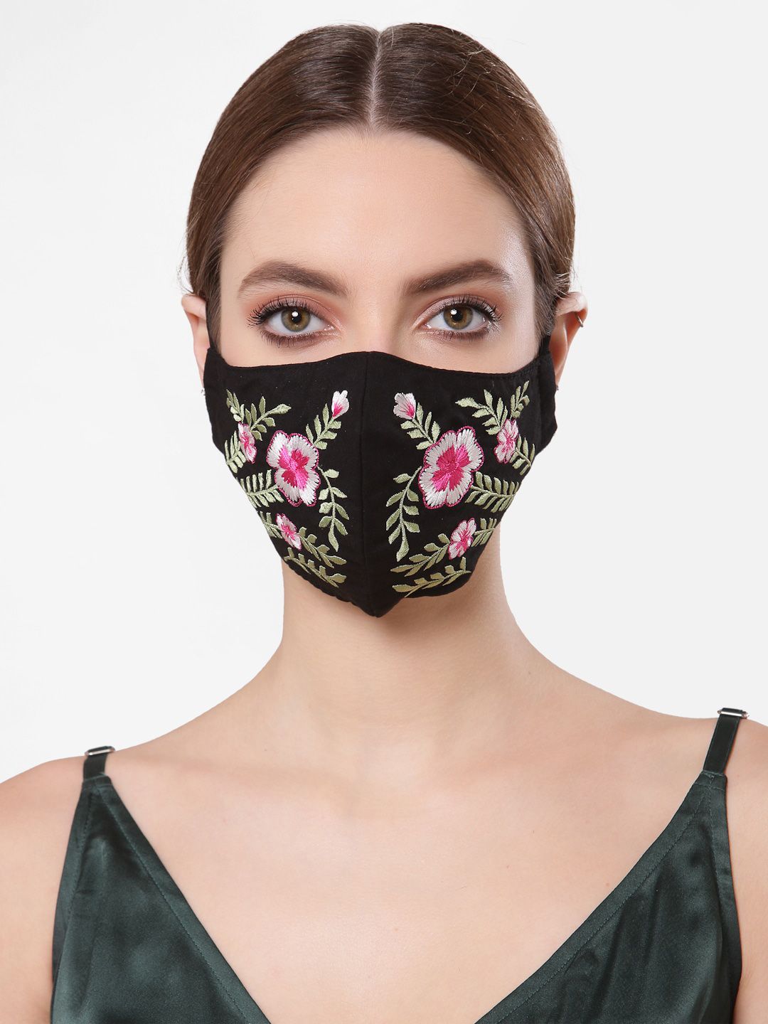 Anekaant Women Black & Pink Foliage Embroidered 3-Ply Reusable Cotton Cloth Mask Price in India
