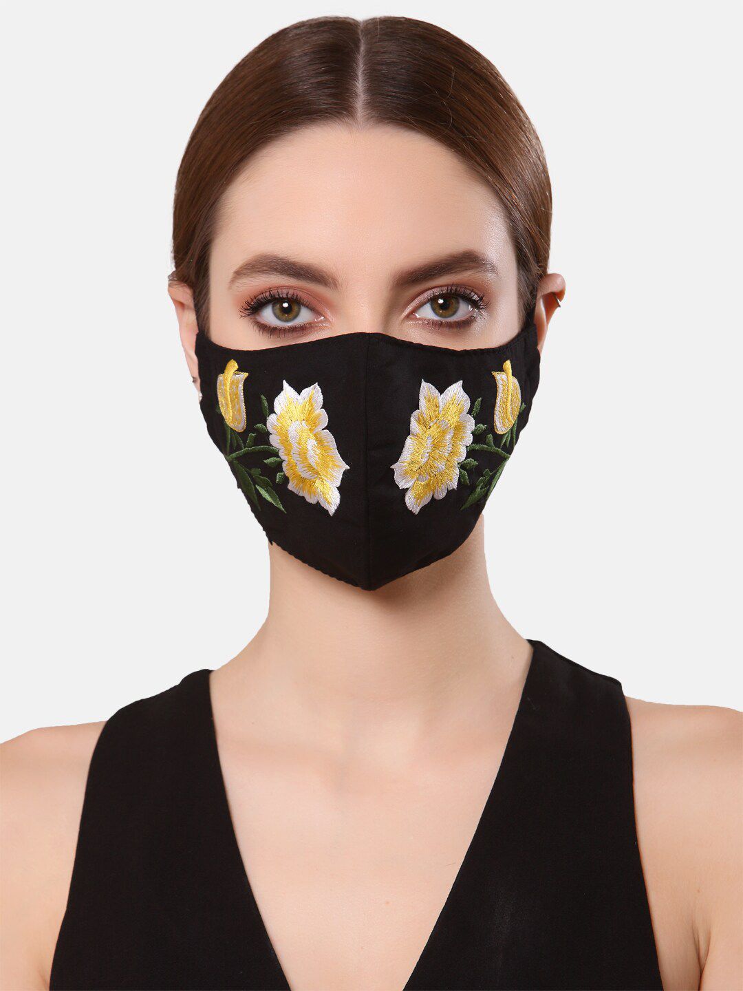 Anekaant Women Black & Yellow Embroidered 3-Ply Cotton Reusable Cloth Mask Price in India