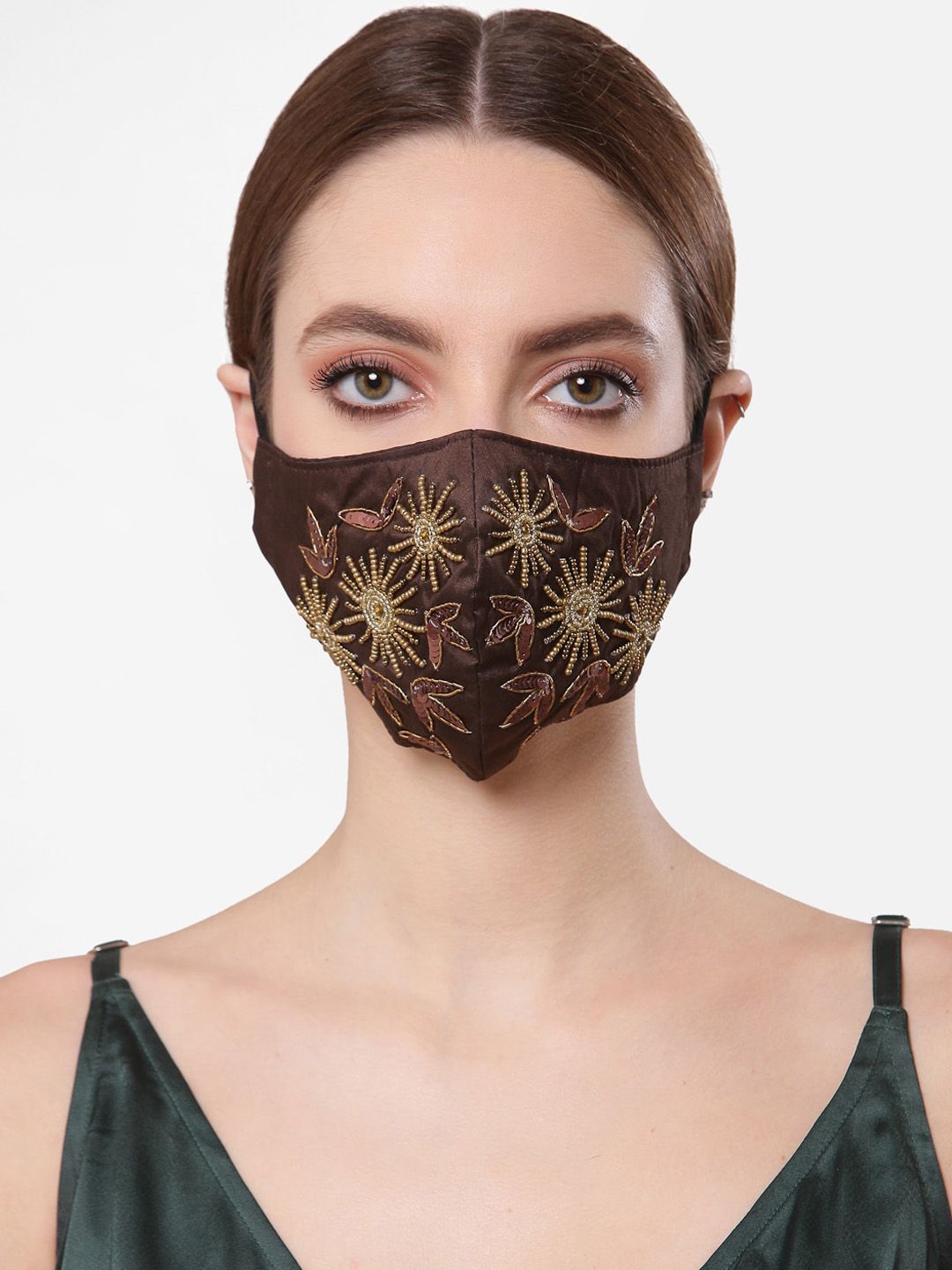 Anekaant Women Coffee Brown & Gold-Coloured Embellished 3-Ply Reusable Outdoor Cloth Mask Price in India