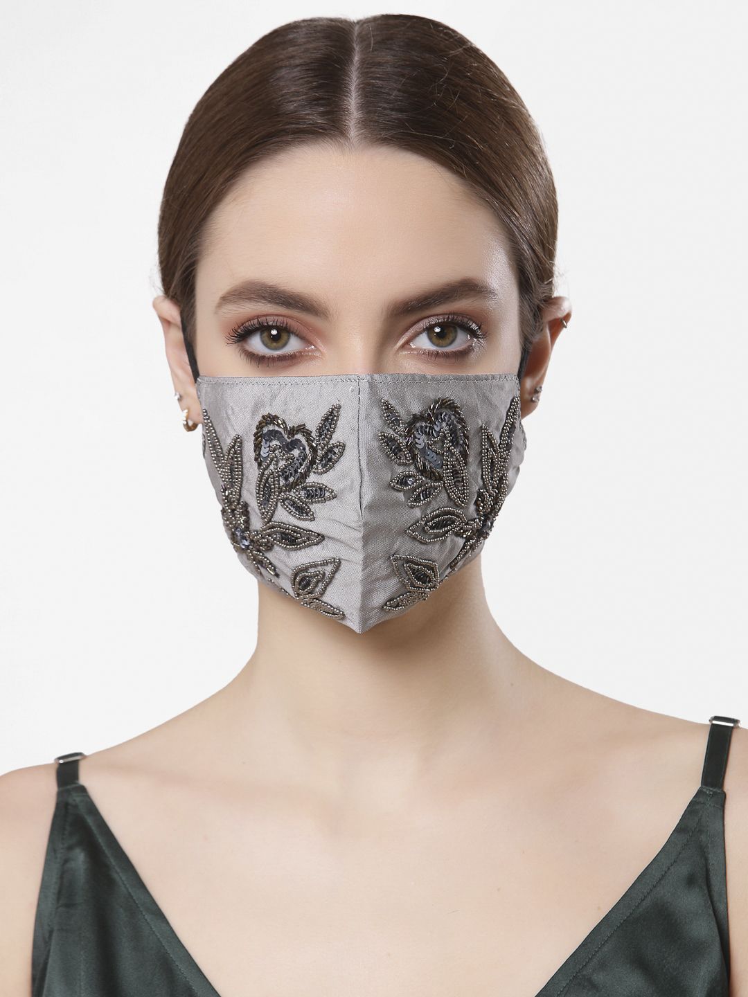 Anekaant Women Grey & Blue Faux Silk Embellished Fabric Reusable 3-Ply Mask Price in India