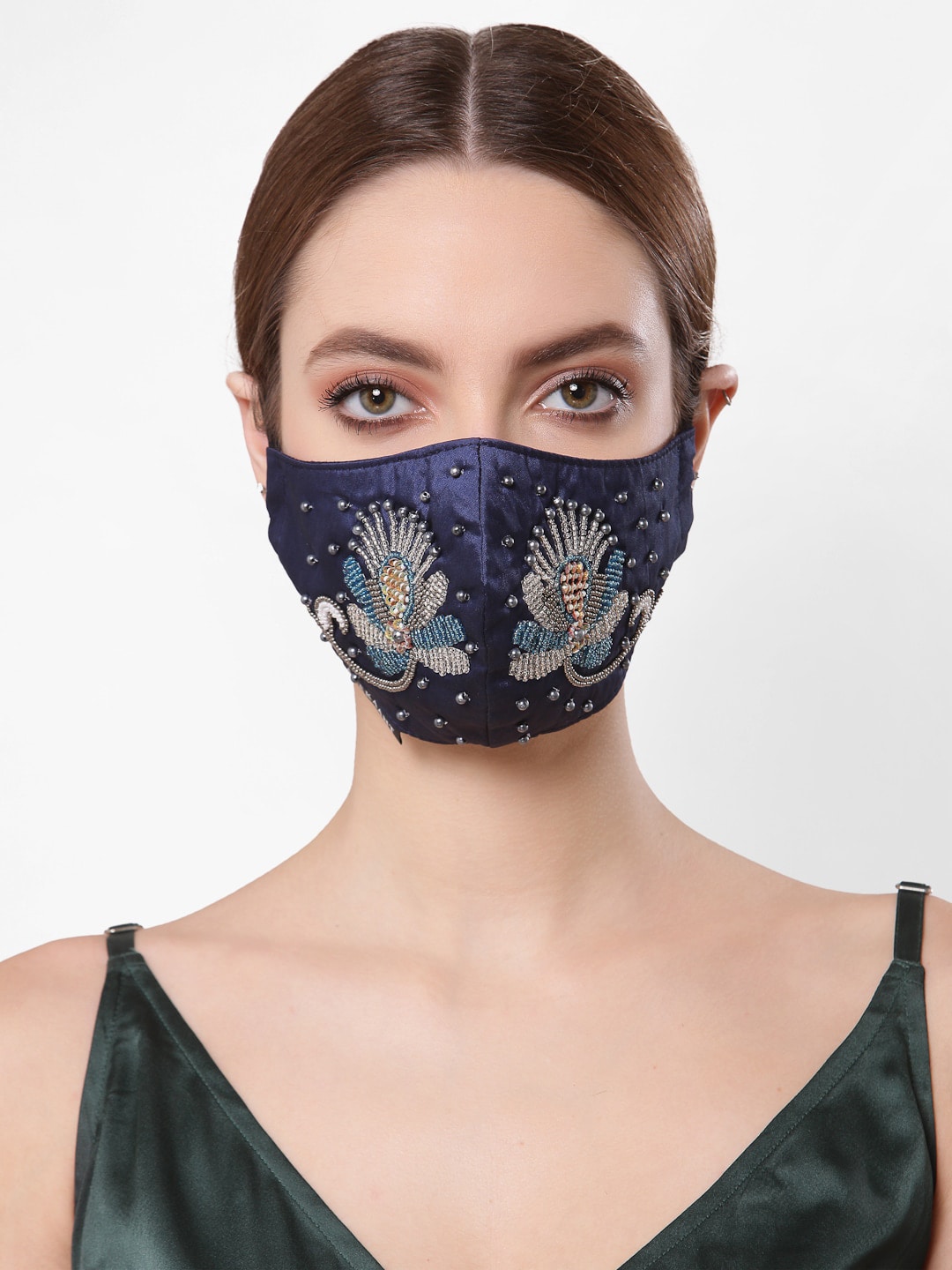 Anekaant Women 3-Ply Navy Blue & Silver Faux Silk Embellished Fabric Fashion Mask Price in India