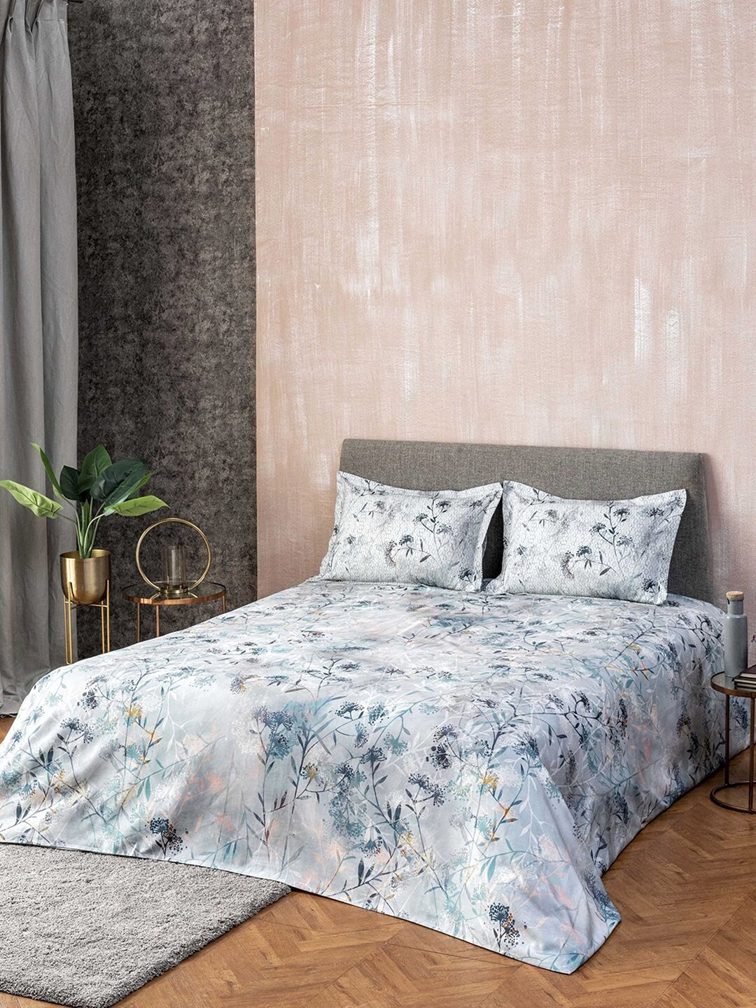 DDecor Grey & Blue Floral Printed King Size Double Cotton Bed Cover With 2 Pillow Covers Price in India