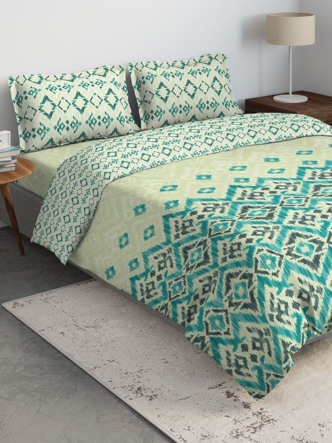 DDecor Turquoise Blue & Green Printed Double Queen Cotton Bedding Set Price in India