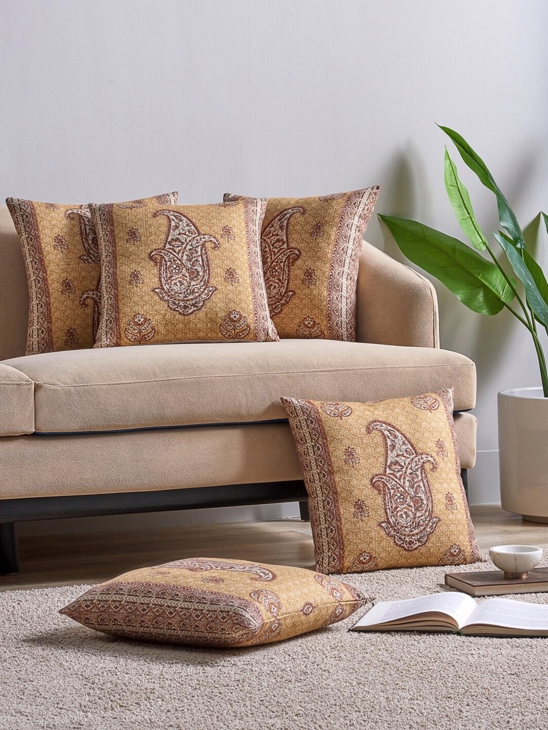 DDecor Gold-Toned & White Set of 5 Ethnic Motifs Square Cushion Covers Price in India