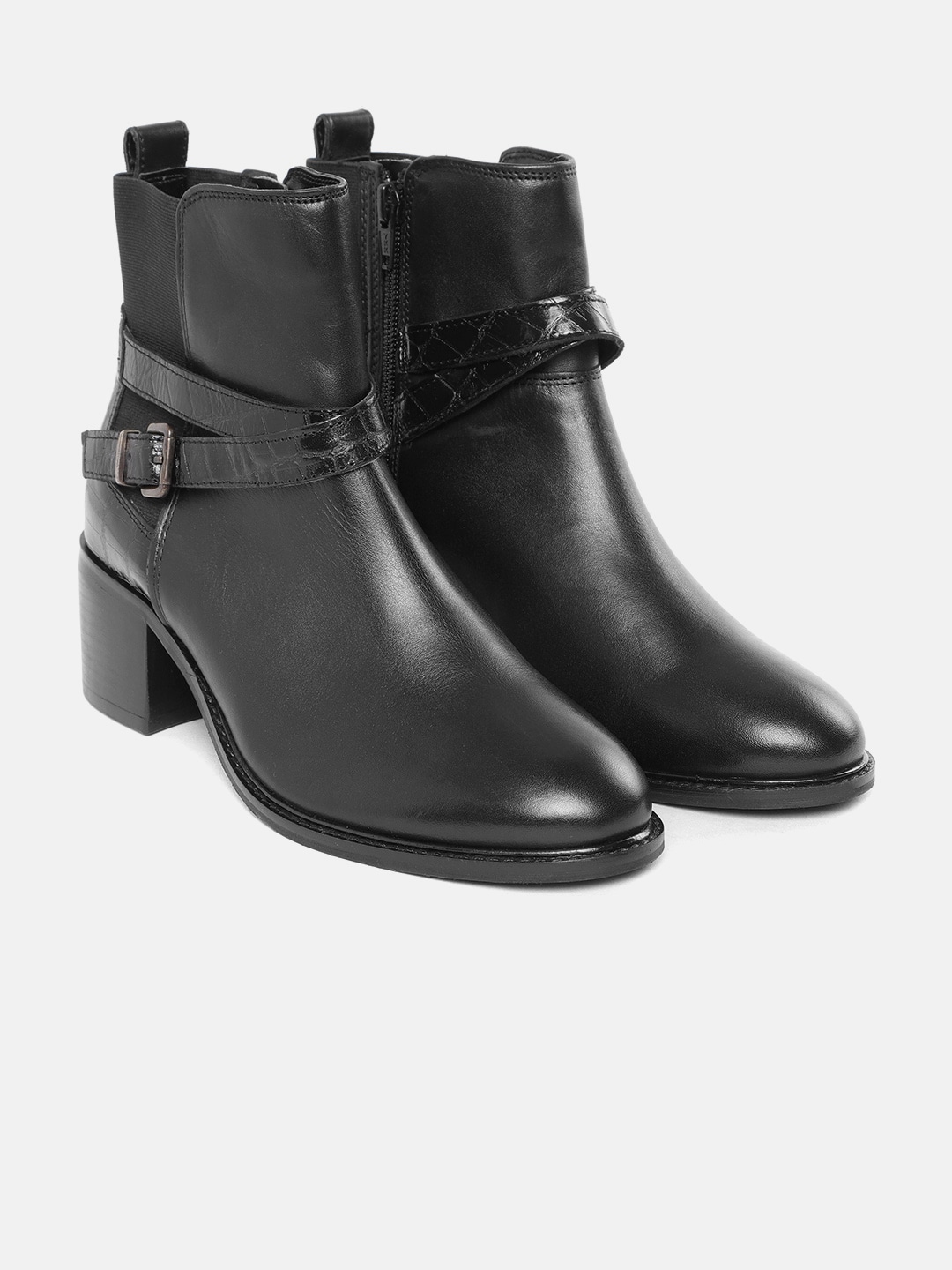 Marks & Spencer Women Black Leather Croc Textured Detail Mid-Top Heeled Boots Price in India