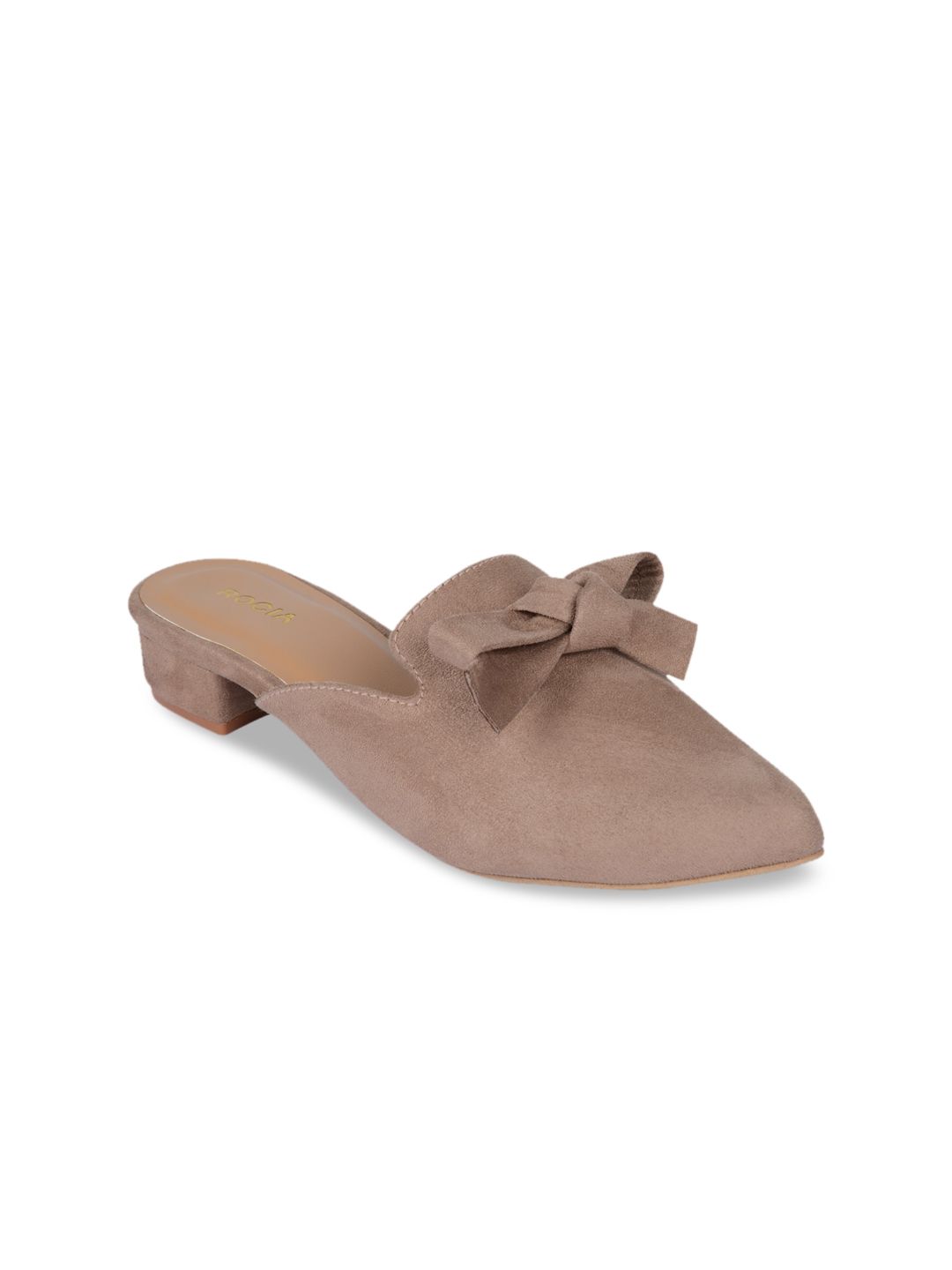 Rocia Khaki Embellished Block Mules with Bows Price in India