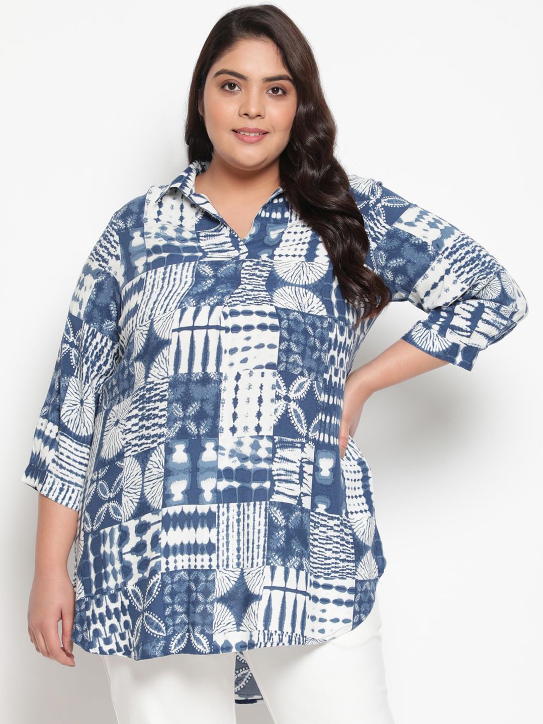 Amydus Women Plus Size Blue Liva Shirt Style Longline Top Price in India