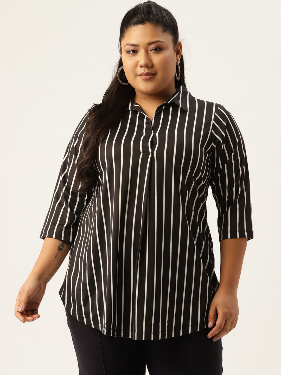 Amydus Women Plus Size Black & White Striped Shirt Style Top Price in India