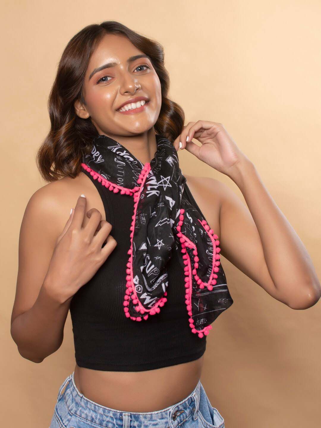 ToniQ Women Black & Pink Monochrome Printed Scarf Price in India