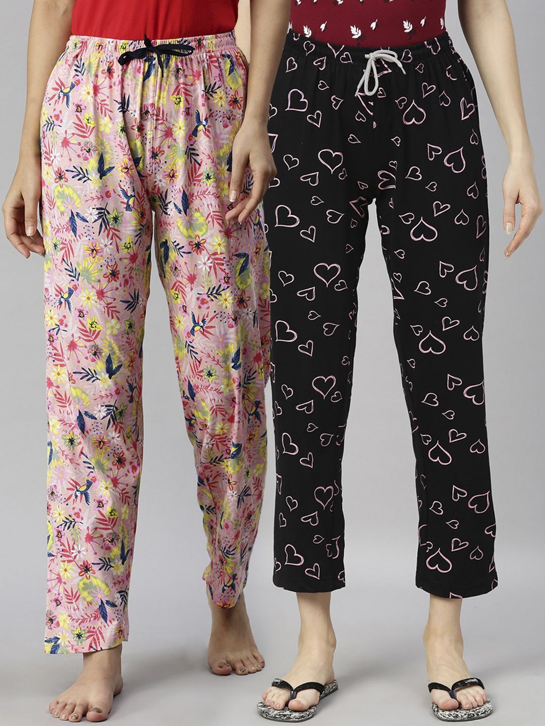 Kryptic Women Pack Of 2 Pink & Black Printed Pure Cotton Lounge Pants Price in India