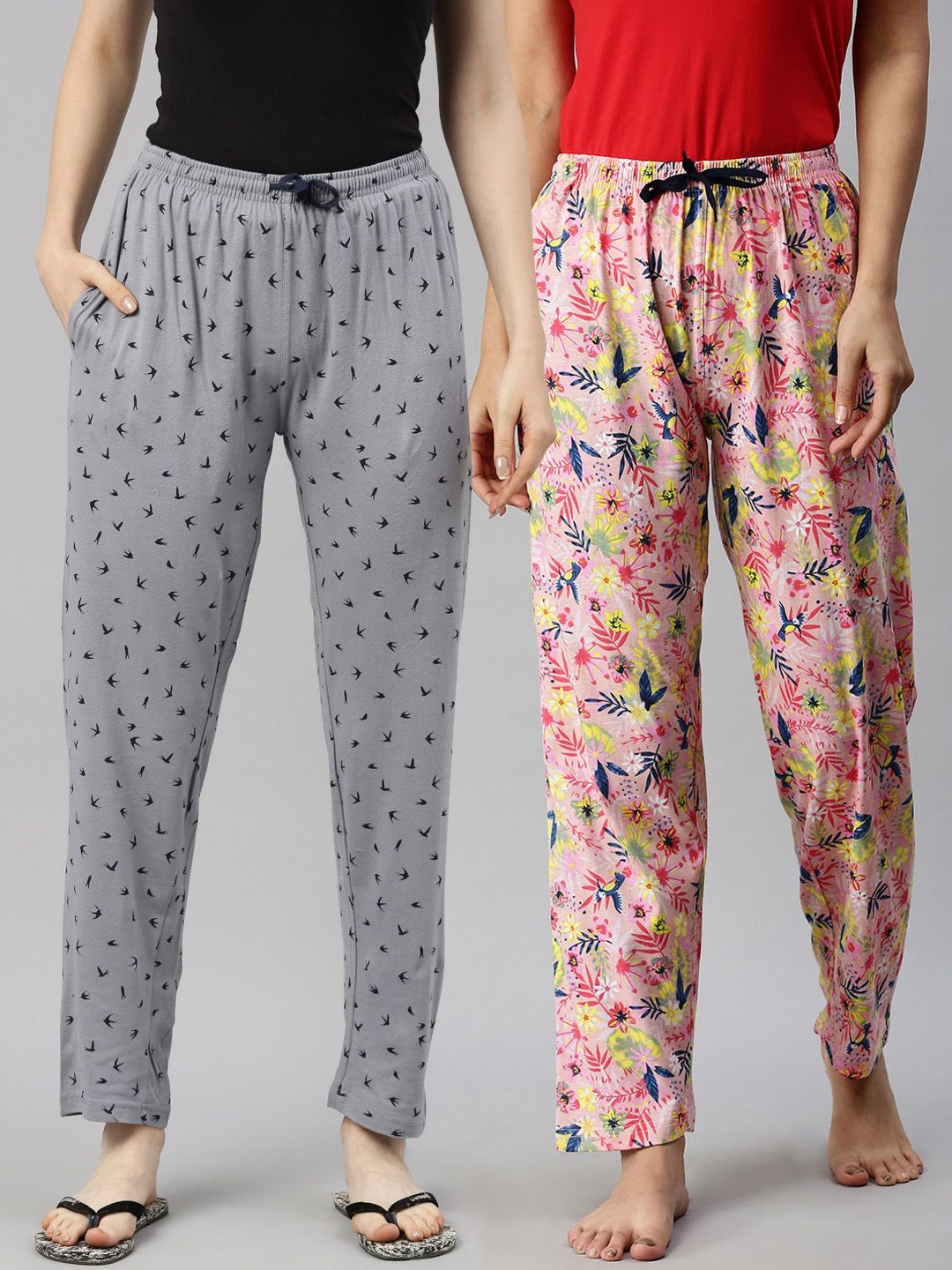 Kryptic Pack Of 2 Women Pink & Grey Printed Pure Cotton Lounge Pants Price in India