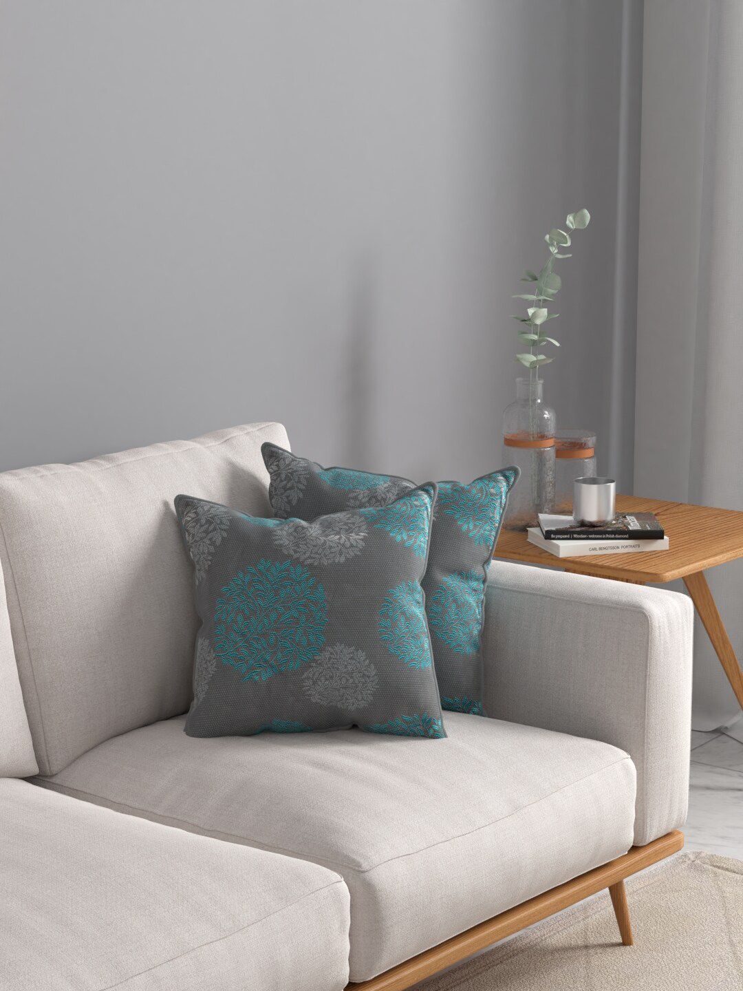 ROSARA HOME Teal & Grey Set of 2 Floral Square Cushion Covers Price in India