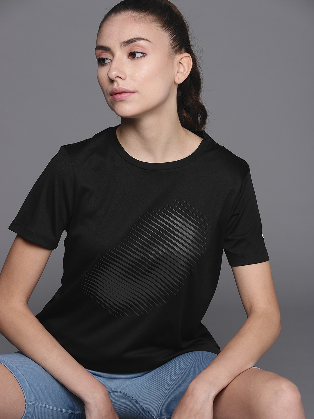 ASICS Women Black Striped T-shirt Price in India