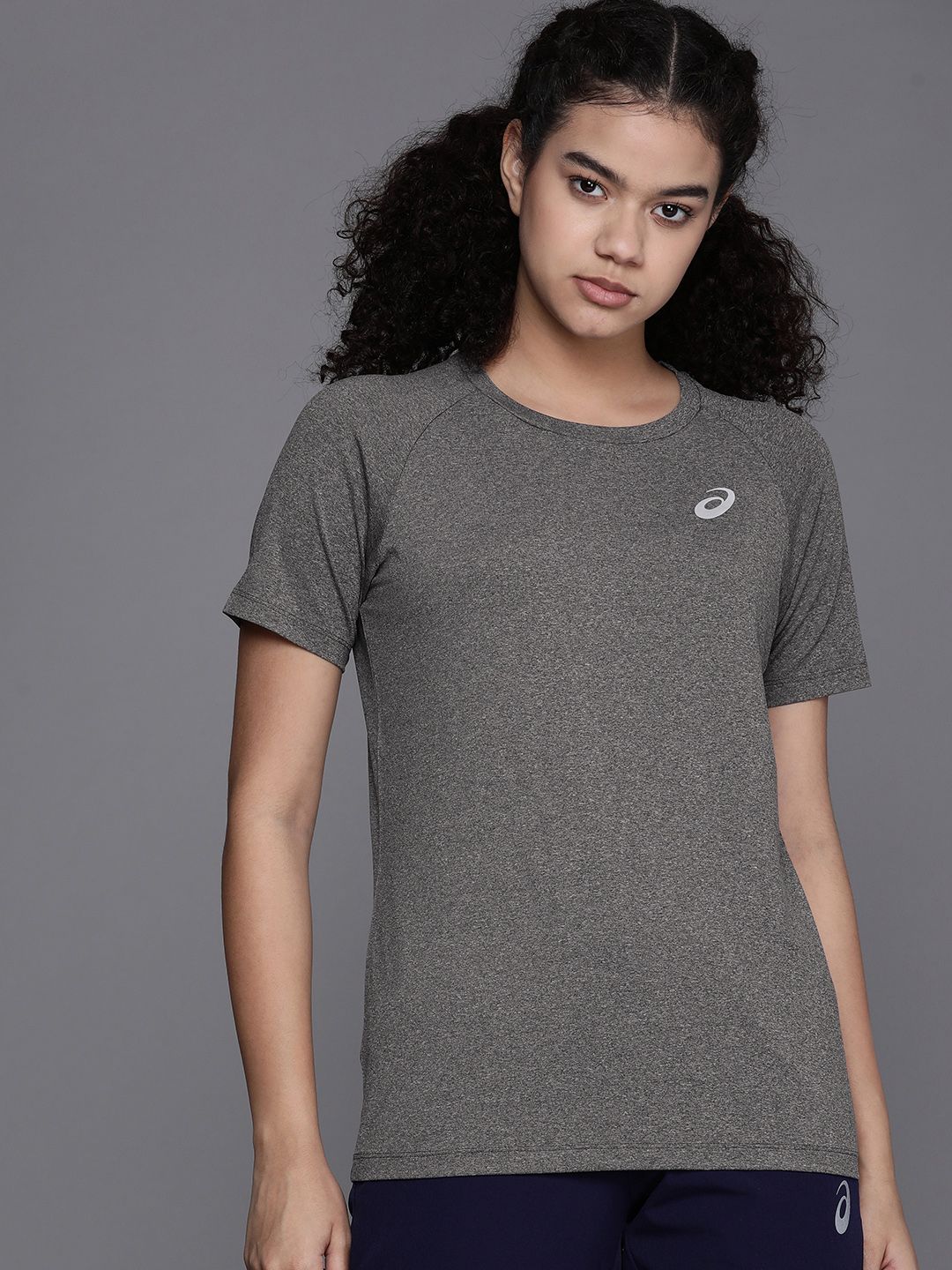 ASICS Women Charcoal Grey Solid BASIC SS Sports T-shirt with Logo Detail Price in India