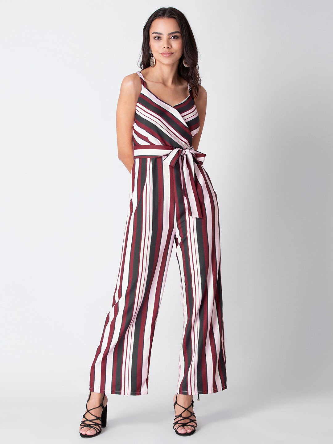 FabAlley Maroon & White Striped Basic Jumpsuit Price in India