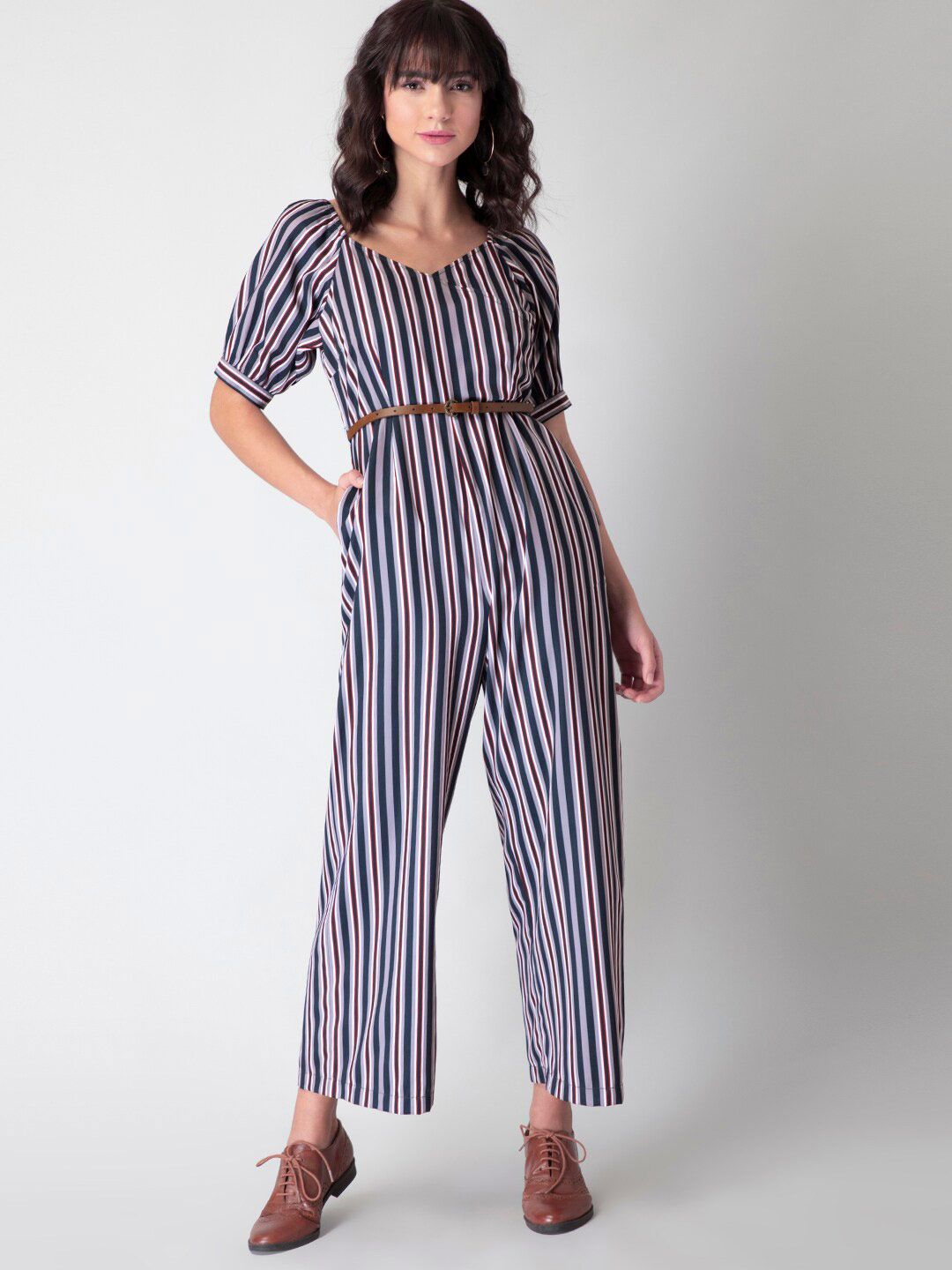 FabAlley Women Blue Striped Jumpsuit with Belt Price in India