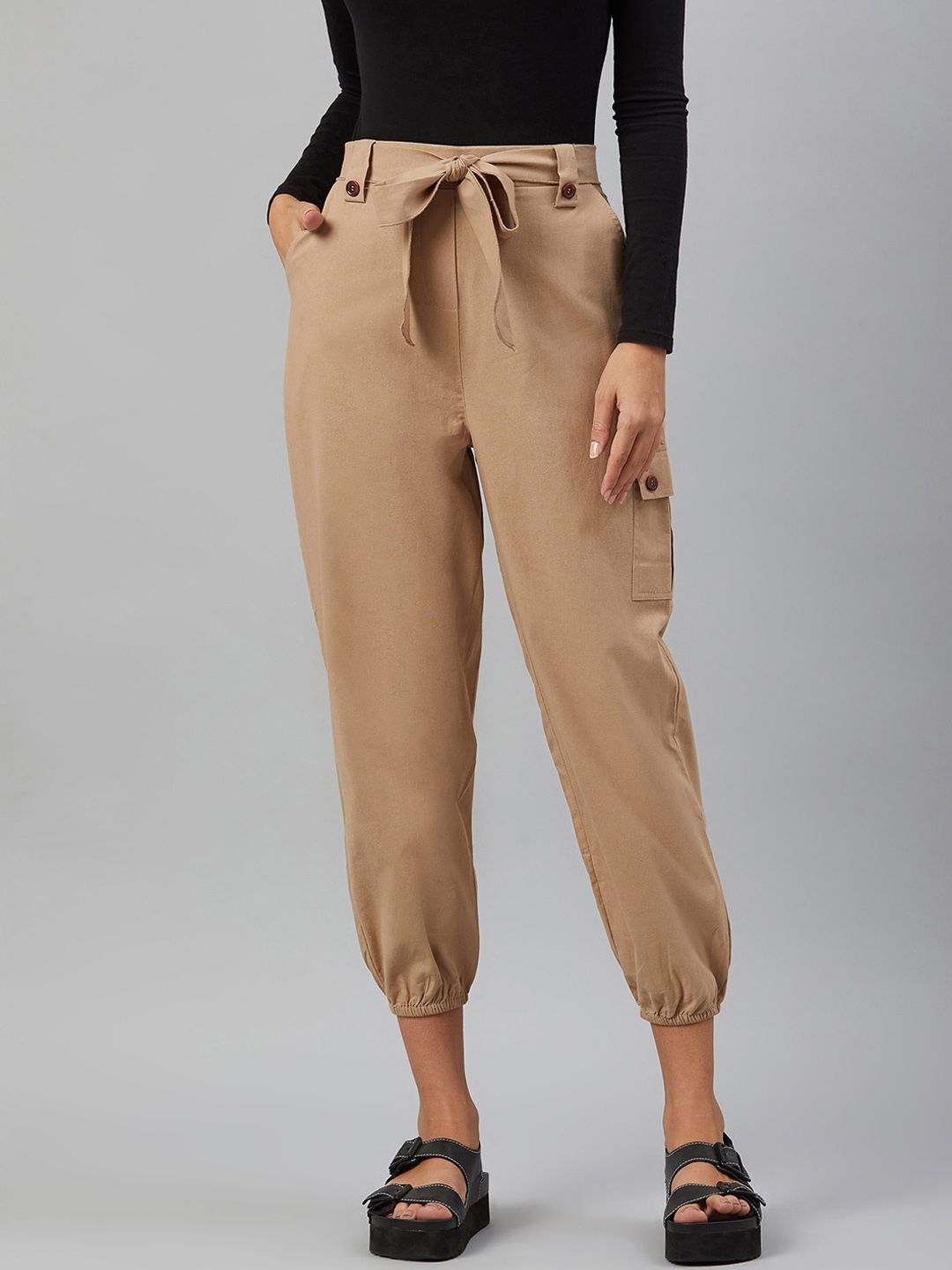 Orchid Blues Women Beige Belted Loose Fit High-Rise Pure Cotton Joggers Trousers Price in India