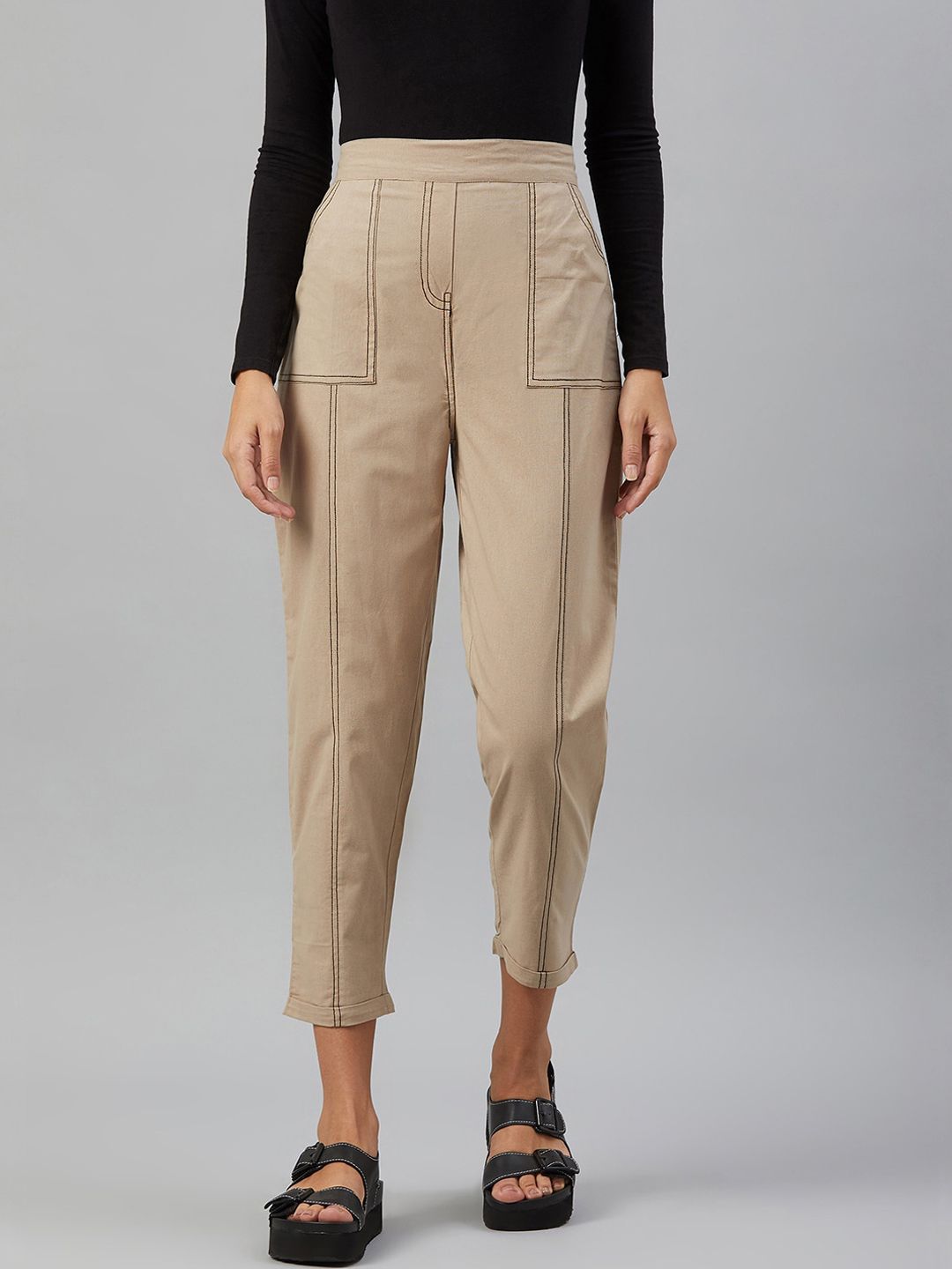 Orchid Blues Women Beige Tapered Fit High-Rise Trousers Price in India