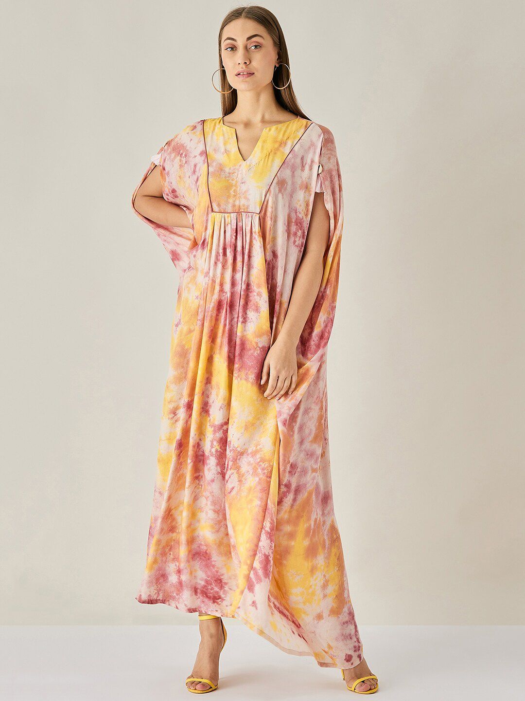 The Kaftan Company Women Pink & Yellow Tie and Dye Kaftan Maxi Dress Price in India