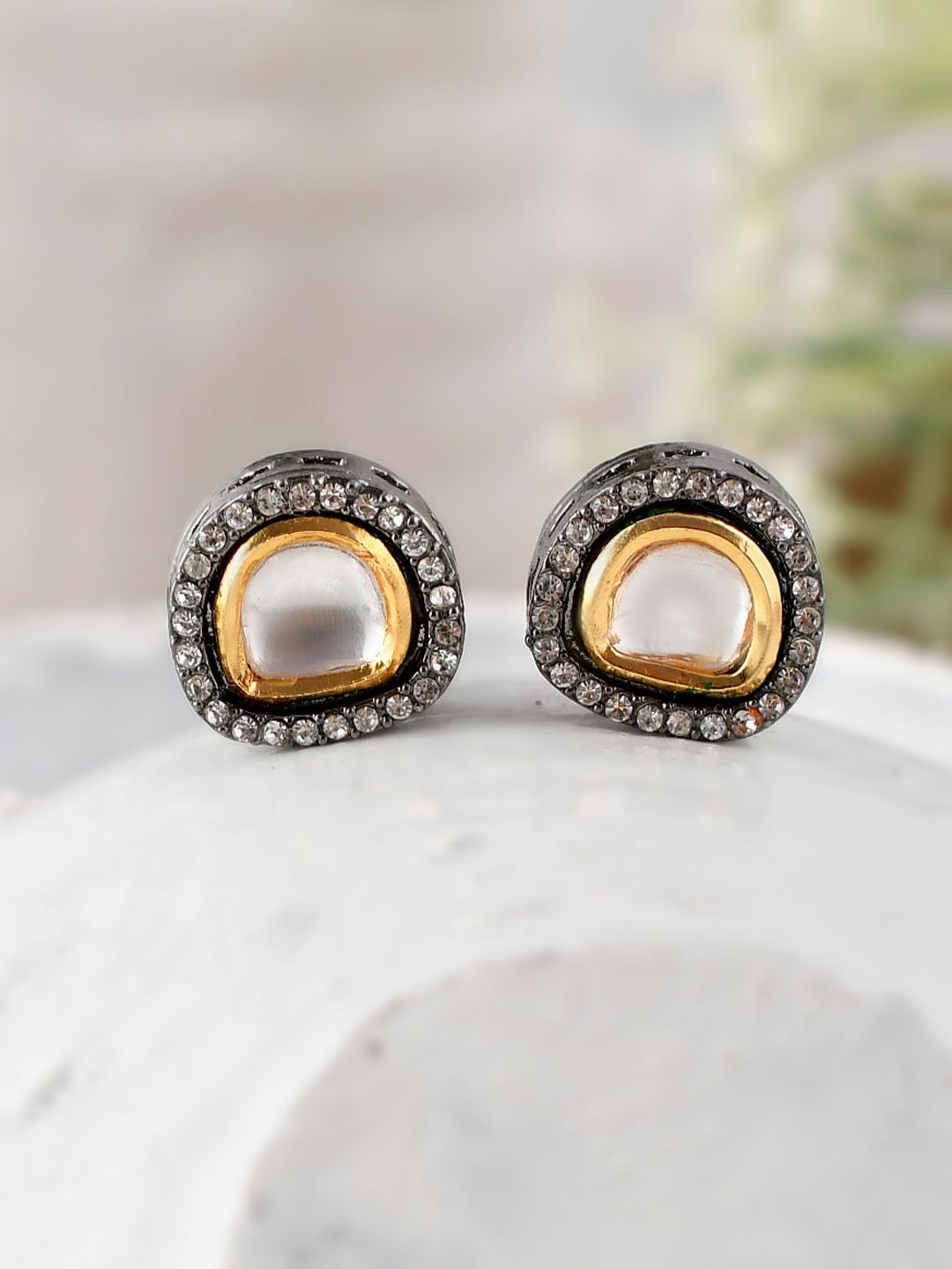 Fabstreet Gunmetal-Toned & Silver-Toned Circular Kundan Studs Earrings Price in India