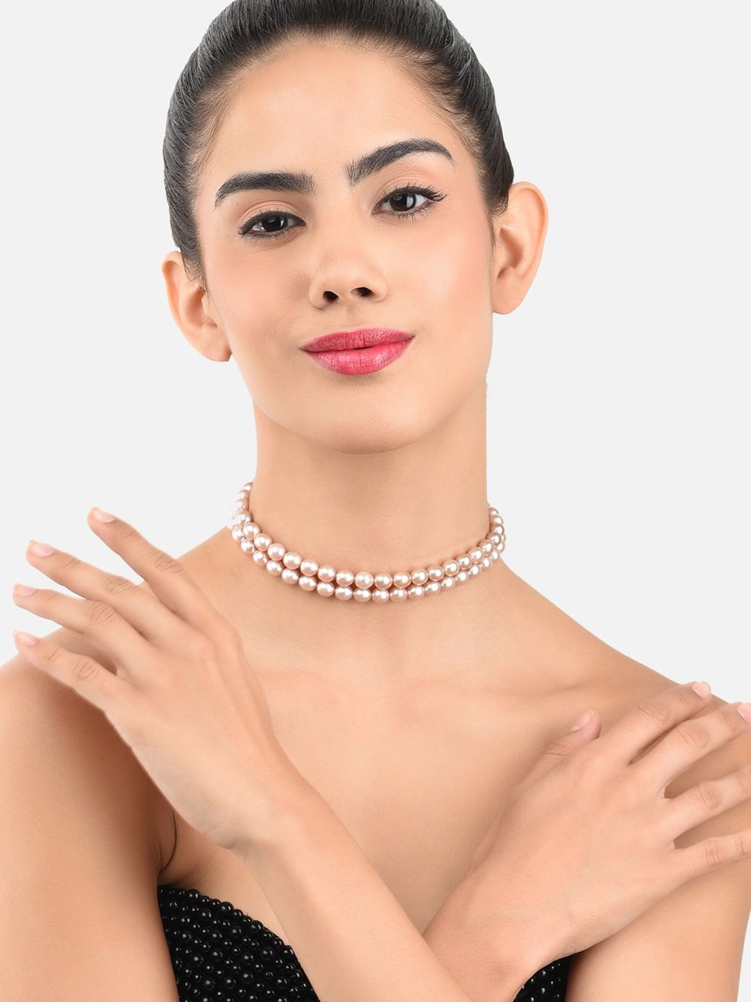 Zaveri Pearls Peach-Coloured Silver-Plated Freshwater Rice Pearl Choker Necklace Price in India