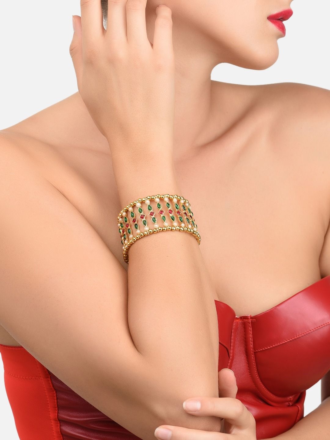 Zaveri Pearls Women Pink & Green Kundan Gold-Plated Cuff Bracelet Price in India