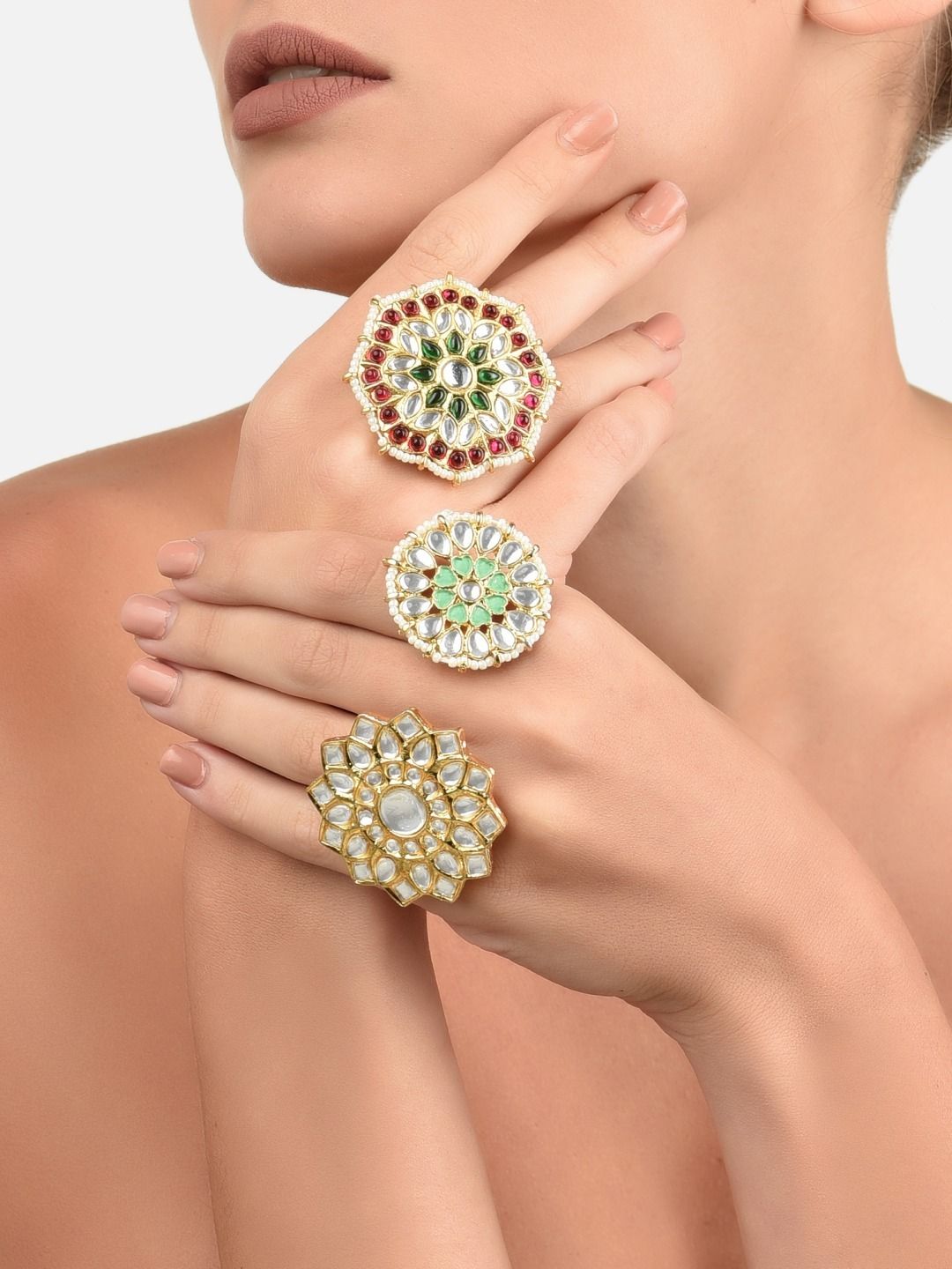 Zaveri Pearls Set Of 3 Gold-Plated Kundan-Studded & Beaded Meenakari Adjustable Finger Rings Price in India