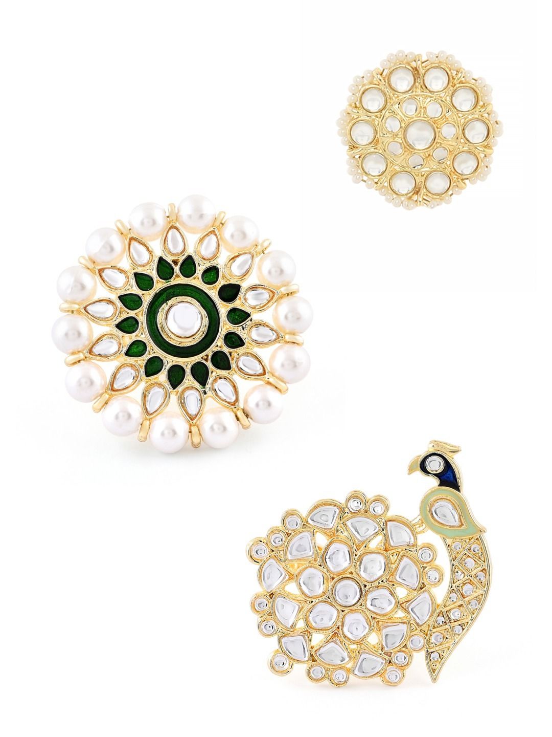 Zaveri Pearls Set Of 3 Gold-Plated White & Green Kundan Studded Meenakari Finger Ring Price in India