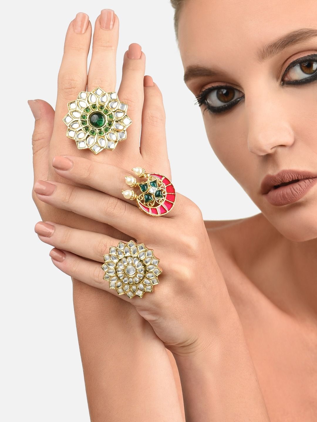 Zaveri Pearls Set of 3 Gold-Plated White & Green Kundan Stone Studded Meenakari Adjustable Finger Rings Price in India